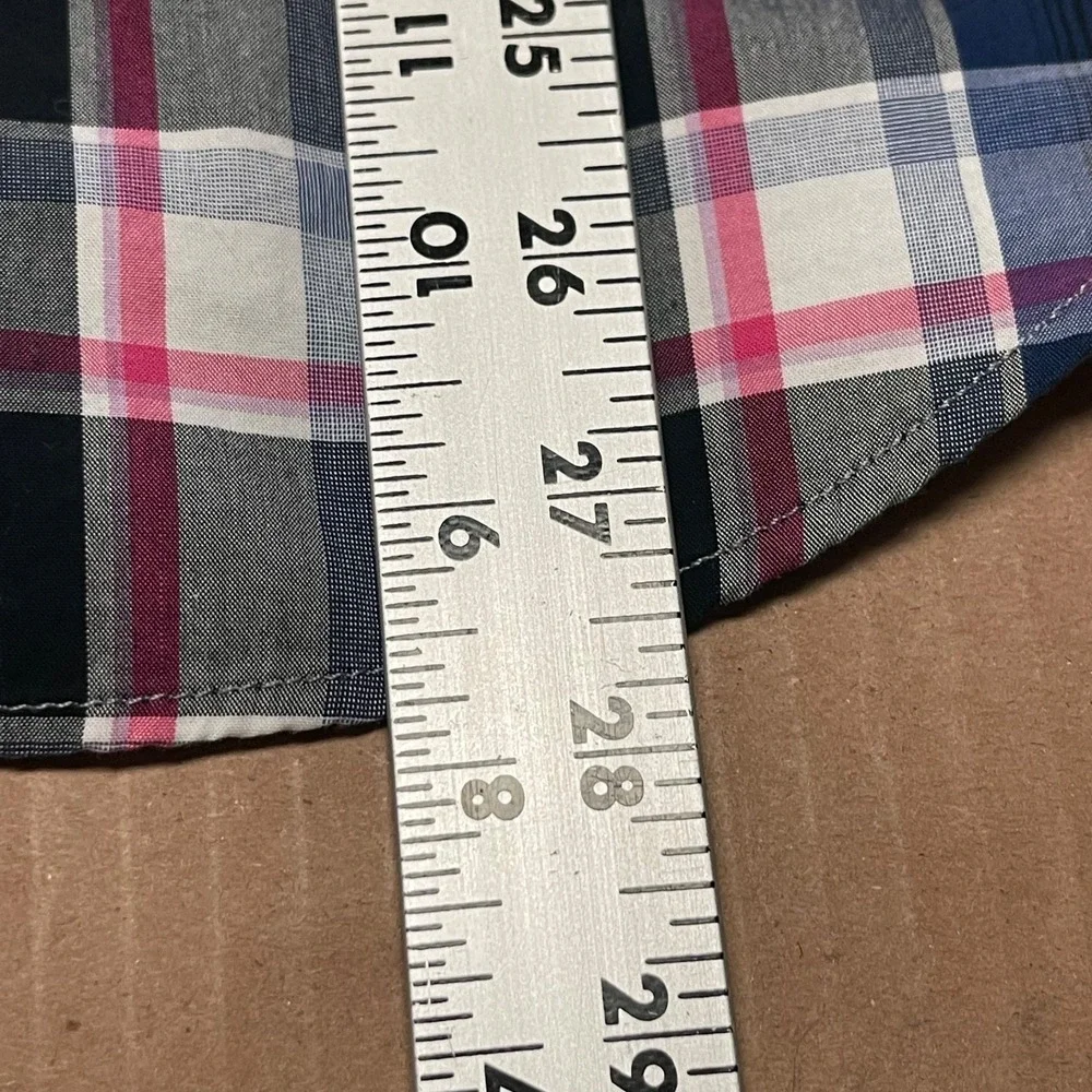 Banana Republic Men's M Grant‎ Fit Shirt Navy Pink Blue Plaid Oxford EUC